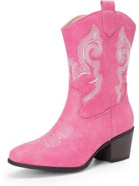 Women's Pink Mid Calf Cowgirl Boots with Embroidery Round Toe Chunky Low Heel
